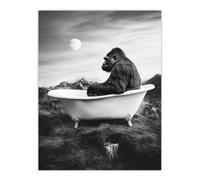 Artery8 Gorilla Ape in Bathtub Black White Valley Surreal Wall Art Print in Grey | Size: W12" x H16" Artery8 Grey W12" x H16"