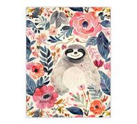 Artery8 Unframed Wall Art Happy Sloth Smiling Pink Anemone Floral Pattern - 12X16 Inch