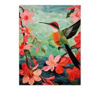 Artery8 Wall Art Print Hummingbird & Pink Hibiscus Flowers Colourful Textile Quilt Design with Spring Blooms Poster in Green | Size: W12" x H16" Artery8 Green W12" x H16"