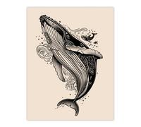 Artery8 Humpback Whale with Tribal Patterns Tattoo Style Wall Art Print in Beige | Size: W12" x H16" Artery8 Beige W12" x H16"