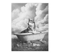 Artery8 Unframed Wall Art Husky Bath Time Bathtub Black White Surreal - 12X16 Inch