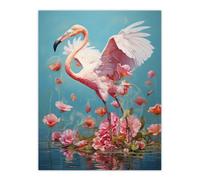 Artery8 Unframed Wall Art Jubilant Flamingo Lake Dance Over Pink Flowers Picture - 12X16 Inch