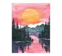 Artery8 Unframed Wall Art Lake Tahoe Forest Winter Sun Sunset Watercolour - 12X16 Inch