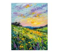 Artery8 Unframed Wall Art Lavender Daffodil Meadow Sunset Painting - 12X16 Inch