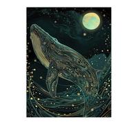 Artery8 Unframed Wall Art Luminous Stylised Whale Wave Jump Full Moon - 12X16 Inch
