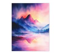 Artery8 Misty Mountain Forest Lake Sunset Sky Watercolour Wall Art Print in Pink | Size: W12" x H16" Artery8 Pink W12" x H16"