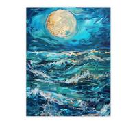 Artery8 Oceans Waves Under Full Moon Oil Painting Dark Wall Art Print in Blue | Size: W12" x H16" Artery8 Blue W12" x H16"