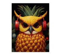 Artery8 Unframed Wall Art Pineapple Owl Bold Vibrant Rich Red Gold And Green Artwork Kitchen Retro Interior Design - 12X16 Inch