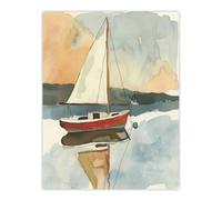 Artery8 Unframed Wall Art Red Sailboat In Tranquil Sea Harbour Watercolour - 12X16 Inch