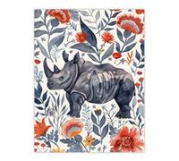 Artery8 Unframed Wall Art Rhinoceros Rhino Blue Red Floral Pattern Portrait - 12X16 Inch