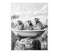 Artery8 Unframed Wall Art Ring-Tailed Lemurs In Bathtub Black White Surreal - 12X16 Inch