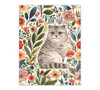 Artery8 Unframed Wall Art Scottish Fold And Rustic Floral Pattern Cat Lover - 12X16 Inch