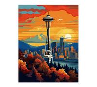 Artery8 Unframed Wall Art Seattle Washington The Space Needle Funky Modern Painting - 12X16 Inch