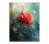 Artery8 Unframed Wall Art Single Red Rose Flower Morning Mist Painting - 12X16 Inch