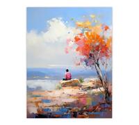Artery8 Wall Art Print Summit Viewpoint Lone Autumn Tree Painting Orange Blue Poster | Size: W12" x H16" Artery8 Blue W12" x H16"