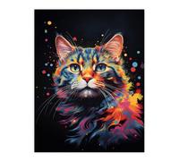 Artery8 Unframed Wall Art Tabby Cat Lover Gift Pet Portrait Blue Pink Orange On Black Artwork Painting - 12X16 Inch