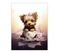 Artery8 Unframed Wall Art Tea Cup Yorkshire Terrier Lovers Gift Watercolour Pet Portrait Painting - 12X16 Inch