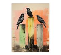 Artery8 Unframed Wall Art Three Crows Sitting On A Pier Pink Green Yellow Picture - 12X16 Inch