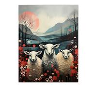 Artery8 Wall Art Print Three Sheep Pink Blue Floral Scottish Landscape Poster Picture | Size: W12" x H16" Artery8 Multicolor W12" x H16"