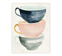 Artery8 Unframed Wall Art Three Stacked Tea Cups Bright Boho Watercolour - 12X16 Inch