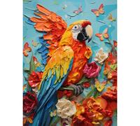 Artery8 Unframed Wall Art Vibrant Macaw Parrot Heavy Oil Paint With Butterflies And Flowers High Texture - 12X16 Inch