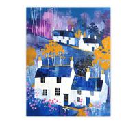 Artery8 Unframed Wall Art White Cottage Hill Blue Purple Orange Landscape - 12X16 Inch