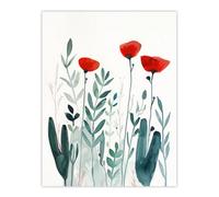 Artery8 Wild Poppy Flowers Bright Red Teal Watercolour Wall Art Print in Green | Size: W12" x H16" Artery8 Green W12" x H16"