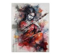 Artery8 Wall Art Print Woman Playing Classical Indian Folk Music Watercolour Artwork Ragini Musician Portrait Poster in Grey | Size: W12" x H16" Artery8 Grey W12" x H16"