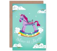 Artery8 Unicorn Believe In Magic Rainbow Rocking Greetings Card in Light Green Artery8 Light Green