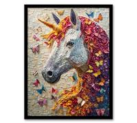 Artery8 Unicorn Rainbow Mane Butterflies Mosaic Relief For Living Room Artwork Framed Wall Art Print 18X24 Inch