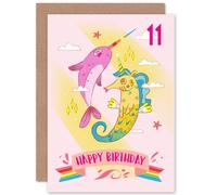 Artery8 Unicorn Seahorse Narwhal 11th Birthday Greetings Card in Pink Artery8 Pink