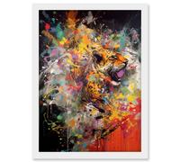 Artery8 Unleash the Beast Action Painting with Tiger Artwork Framed Wall Art Print A4 in White Artery8 White