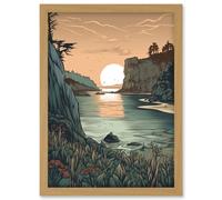 Artery8 Untouched Nature Coastal Cliff Sunset Landscape Artwork Framed Wall Art Print A4