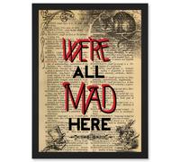 Artery8 Upcycle We're All Mad Here Quote Alice Wonderland Cheshire A4 Artwork Framed Wall Art Print in Black Artery8 Black