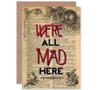 Artery8 Upcycle We're All Mad Here Quote Alice Wonderland Cheshire Greetings Card in Beige Artery8 Beige