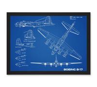 US Airforce Boeing B-17 Flying Fortress Plane Blueprint Plan Artwork Framed Wall Art Print A4 Artery8 Black One Size
