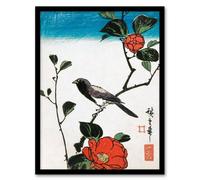 Artery8 Utagawa Hiroshige Framed Wall Art Japan Bird On Camellia Branch in Red | Size: A3 Artery8 Red A3