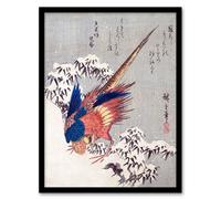 Artery8 Utagawa Hiroshige Framed Wall Art Print Japan Pheasant In Snow in Orange | Size: A4 Artery8 Orange A4