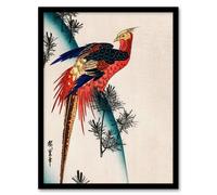 Artery8 Utagawa Hiroshige Framed Wall Art Print Pheasant & Small Pine in Red | Size: A4 Artery8 Red A4