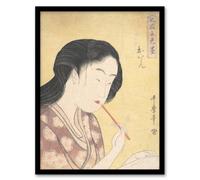 Artery8 Utamaro Kitagawa Framed Wall Art Print Oiran Applying Lipstick in Yellow | Size: A4 Artery8 Yellow A4