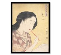 Artery8 Utamaro Kitagawa Framed Wall Art Print Oiran Applying Lipstick in Yellow | Size: A4 Artery8 Yellow A4