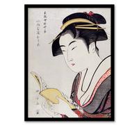 Artery8 Utamaro Kitagawa Framed Wall Art Print Woman Portrait With Book in Grey | Size: A4 Artery8 Grey A4
