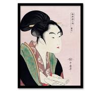 Artery8 Utamaro Kitagawa Framed Wall Art Print Woman Reading Scroll Portrait in Pink | Size: A4 Artery8 Pink A4
