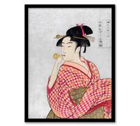 Artery8 Utamaro Kitagawa Framed Wall Art Print Woman With Glass Pipe Portrait in Pink | Size: A4 Artery8 Pink A4