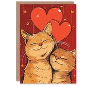Artery8 Valentine's Day Card Cute Ginger Tabby Couple Love Heart Cat Lover Blank Arty Art All Occasion Greeting Card
