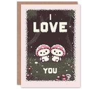Artery8 Valentines Day Greeting Card Pixel Art I Love You Mushrooms Cute Gamer For Him or Her