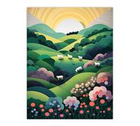 Artery8 Valley Of The Sheep Modern Digital Aesthetic Sunrise English Countryside Simple Flat Large Wall Art Poster Print Thick Paper 18X24 Inch