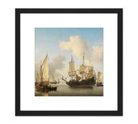 Artery8 Van De Velde Ships At Anchor On Coast 8X8 Inch Square Wooden Framed Wall Art Print Picture with Mount in Black Artery8 Black