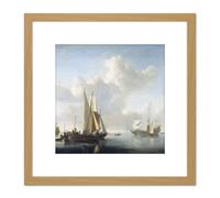 Artery8 Van De Velde Ships Before The Coast 8X8 Inch Square Wooden Framed Wall Art Print Picture with Mount in Light Oak Artery8 Light Oak
