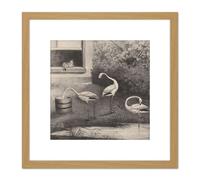Artery8 Van Der Beek Three Flamingos Window Cat Drawing 8X8 Inch Square Wooden Framed Wall Art Print Picture with Mount in Light Oak Artery8 Light Oak